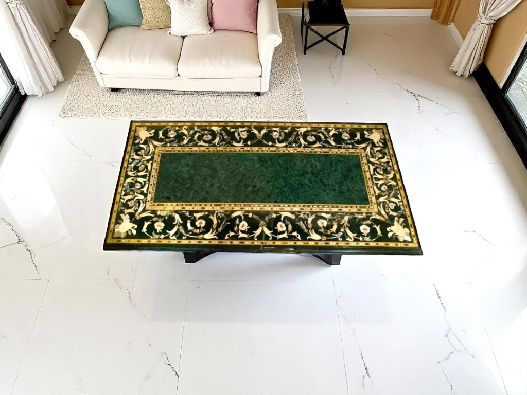 Luxury Green Marble Table Top with Gemstone Inlay Art Decor